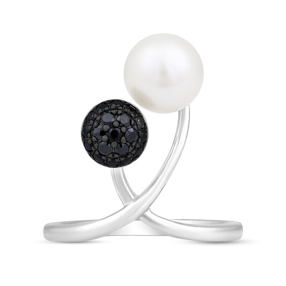 Freshwater Cultured Pearl and 1/4 CT. T.w. Black Diamond Criss-Cross Bypass Ring in 10K White Gold