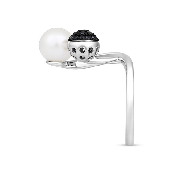 Freshwater Cultured Pearl and 1/4 CT. T.w. Black Diamond Criss-Cross Bypass Ring in 10K White Gold