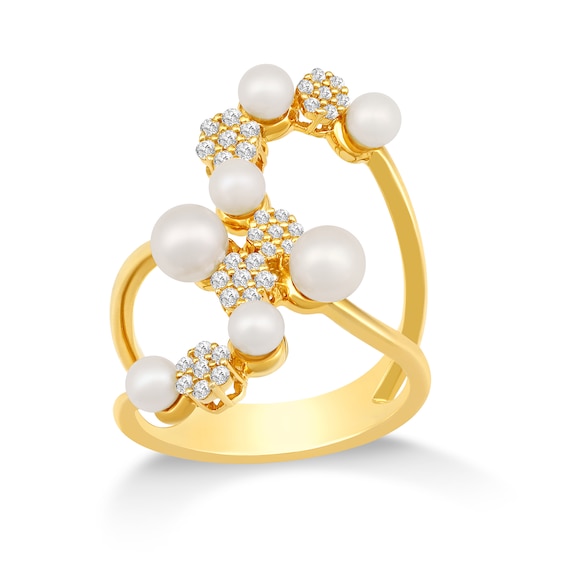 Cultured Freshwater Pearl and 1/4 CT. T.w. Multi-Diamond Floral Ring in 10K Gold