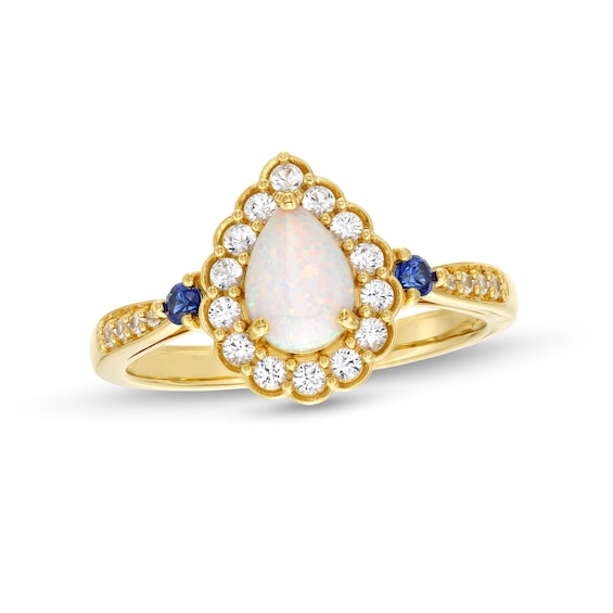 Pear-Shaped Lab-Created Opal and Lab-Created Sapphire Scallop Frame Ring in Sterling Silver with 14K Gold Plate - Size 7