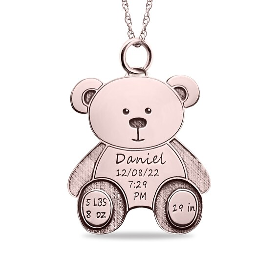 Engravable Birth Stats Teddy Bear Pendant in 10K White, Yellow or Rose Gold (5 Lines)