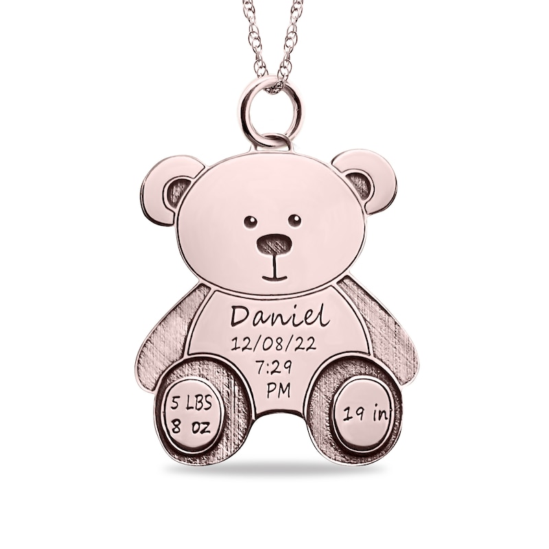 Main Image 2 of Engravable Birth Stats Teddy Bear Pendant in 10K White, Yellow or Rose Gold (5 Lines)