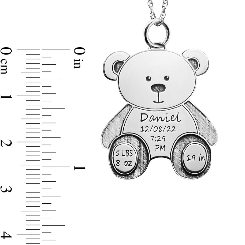 Main Image 3 of Engravable Birth Stats Teddy Bear Pendant in 10K White, Yellow or Rose Gold (5 Lines)