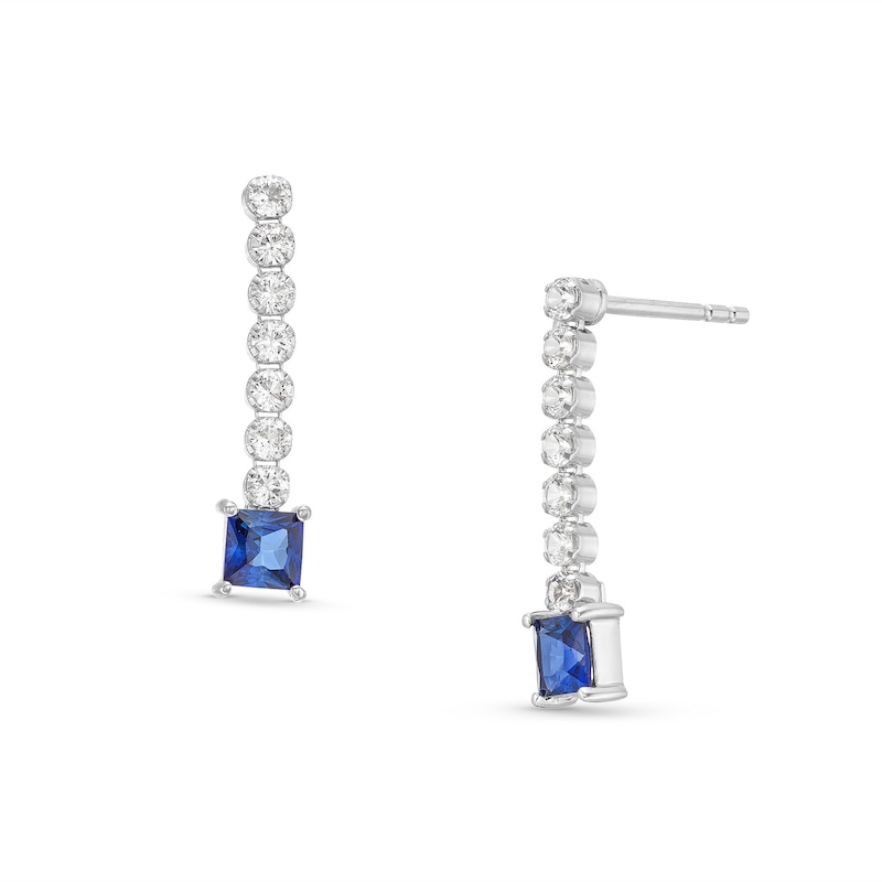 Main Image 1 of Princess-Cut Blue Lab-Created Sapphire and White Lab-Created Sapphire Stick Drop Earrings in Sterling Silver