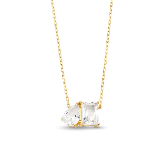 Pear-Shaped and Emerald-Cut White Lab-Created Sapphire Two Stone Necklace in Sterling Silver with 18K Gold Plate