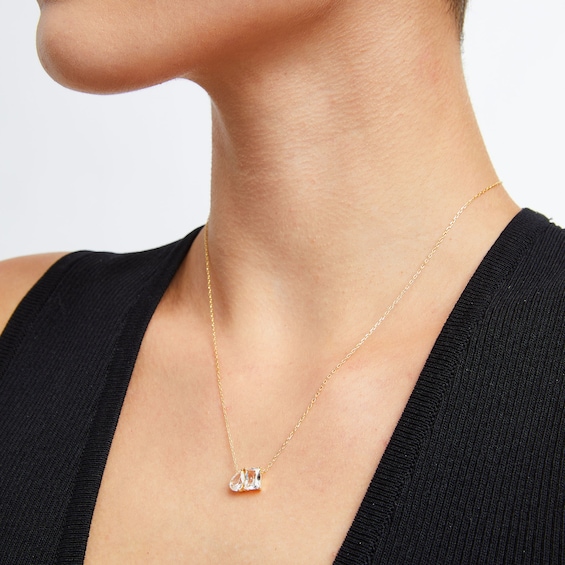 Pear-Shaped and Emerald-Cut White Lab-Created Sapphire Two Stone Necklace in Sterling Silver with 18K Gold Plate