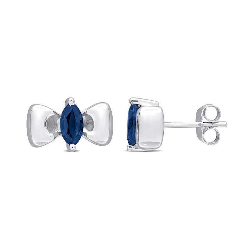 Main Image 1 of Eternally Bonded Marquise-Cut Blue Sapphire Bow Stud Earrings in 10K White Gold