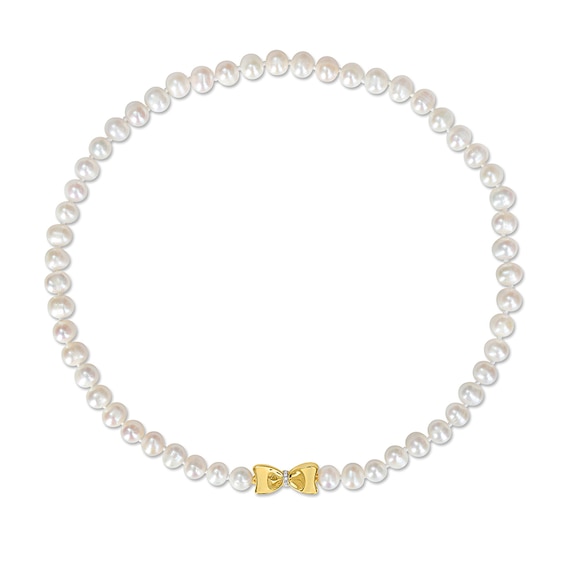 Eternally Bonded 7.0-7.5mm Freshwater Cultured Pearl Strand and 1/20 CT. T.w. Diamond Bow Stretch Necklace with 10K Gold-17"
