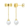 Thumbnail Image 1 of Eternally Bonded 7.0-7.5mm Freshwater Cultured Pearl and Blue Sapphire Bow Stud Chain Drop Earrings in 10K Gold
