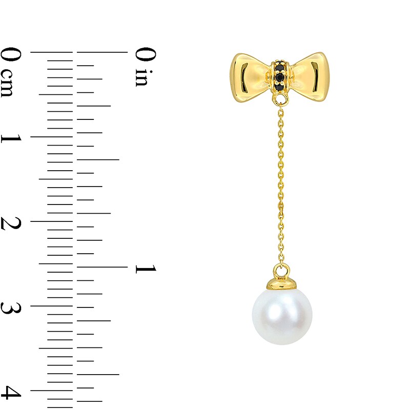Main Image 2 of Eternally Bonded 7.0-7.5mm Freshwater Cultured Pearl and Blue Sapphire Bow Stud Chain Drop Earrings in 10K Gold
