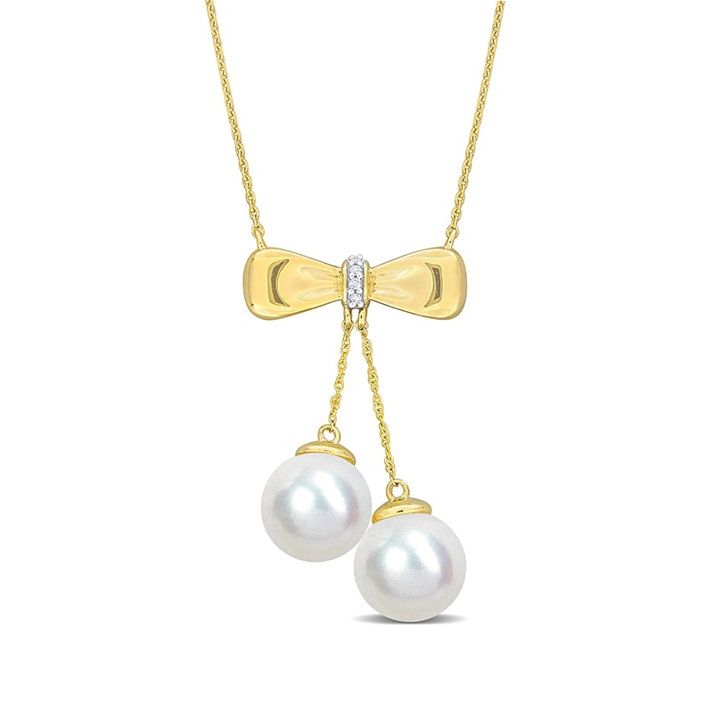 Main Image 1 of Eternally Bonded 8.5-9.0mm Freshwater Cultured Pearl and Diamond Accent Bow Necklace in 10K Gold