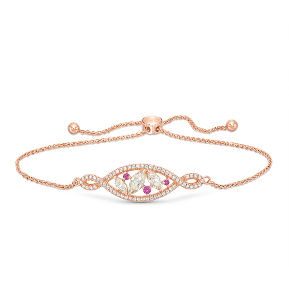 Morganite, Rhodolite and White Lab-Created Sapphire Cluster Bolo Bracelet in Sterling Silver with 18K Gold Plate - 9.0"