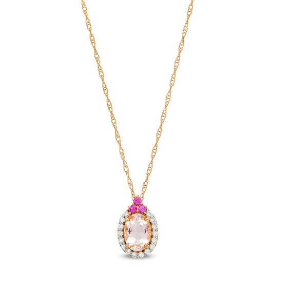 Oval Morganite, Rhodolite Garnet and 1/10 CT. T.w. Diamond Frame Tri-Top Pendant in 10K Rose Gold