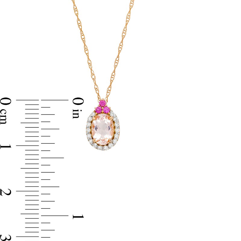 Main Image 3 of Oval Morganite, Rhodolite Garnet and 1/10 CT. T.W. Diamond Frame Tri-Top Pendant in 10K Rose Gold
