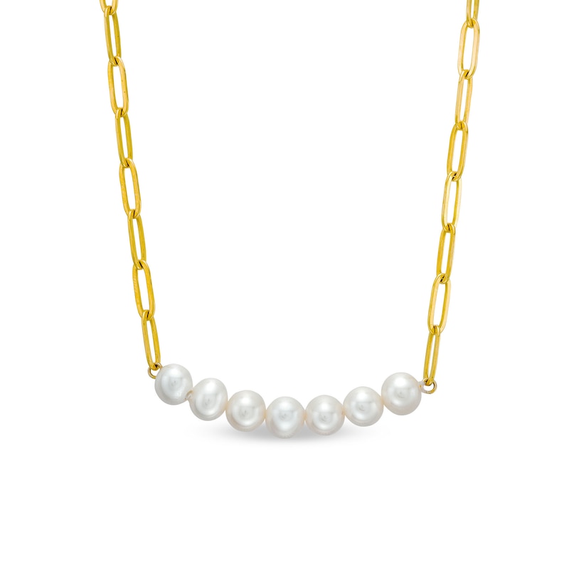 Main Image 1 of Freshwater Cultured Pearl Seven Stone Paper Clip Chain Necklace in Sterling Silver with 18K Gold Plate