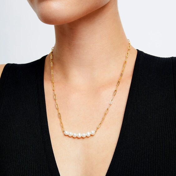 Freshwater Cultured Pearl Seven Stone Paper Clip Chain Necklace in Sterling Silver with 18K Gold Plate