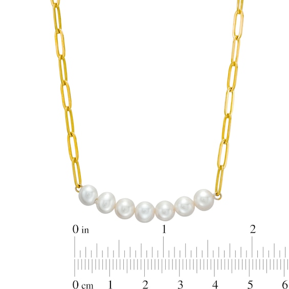 Freshwater Cultured Pearl Seven Stone Paper Clip Chain Necklace in Sterling Silver with 18K Gold Plate