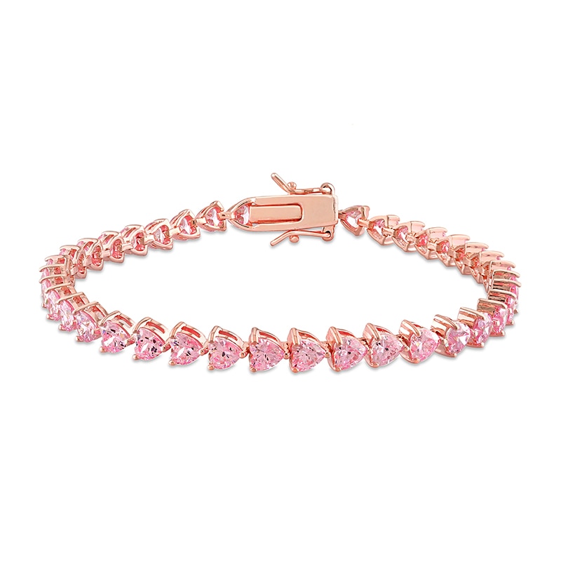 Main Image 1 of 5.0mm Heart-Shaped Pink Lab-Created Sapphire Sideways Line Bracelet in Sterling Silver with Rose Gold Flash Plate - 7.5"