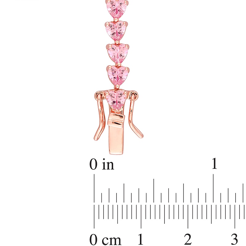 Main Image 2 of 5.0mm Heart-Shaped Pink Lab-Created Sapphire Sideways Line Bracelet in Sterling Silver with Rose Gold Flash Plate - 7.5"