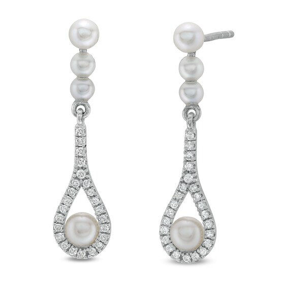 Freshwater Cultured Pearl and 1/6 CT. T.w. Diamond Three Stone Teardrop Earrings in 10K White Gold