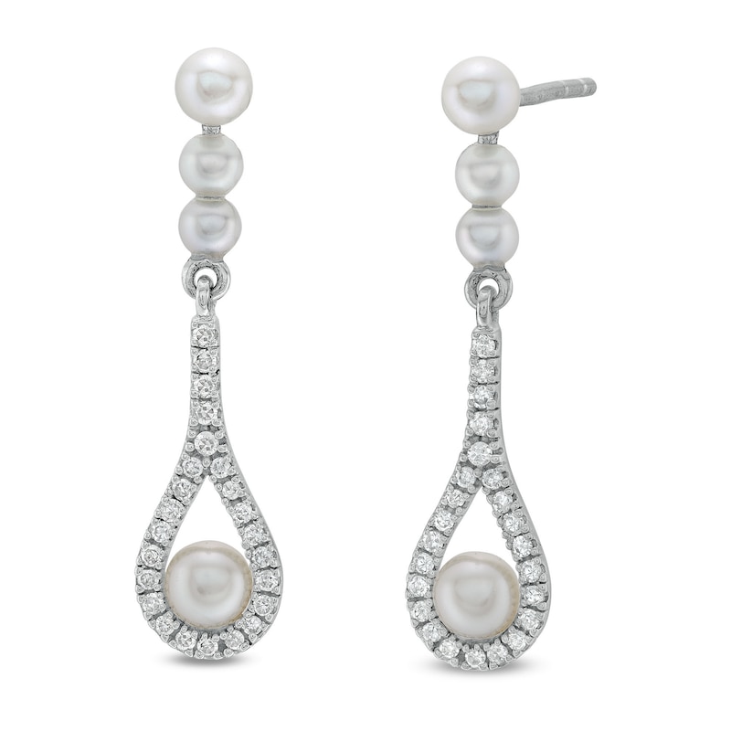 Main Image 1 of Freshwater Cultured Pearl and 1/6 CT. T.W. Diamond Three Stone Teardrop Earrings in 10K White Gold