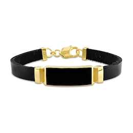 Eternally Bonded Sideways Rectangle Onyx Collar Leather Bracelet in Sterling Silver with Yellow Flash Plate - 9.0"