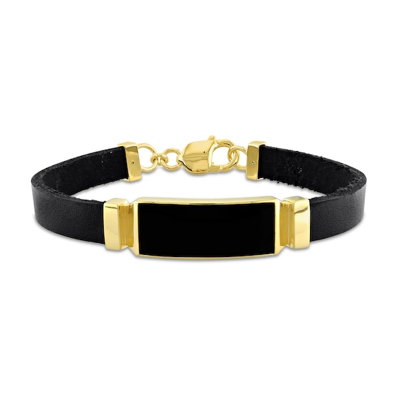 Eternally Bonded Sideways Rectangle Onyx Collar Leather Bracelet in Sterling Silver with Yellow Flash Plate - 9.0"