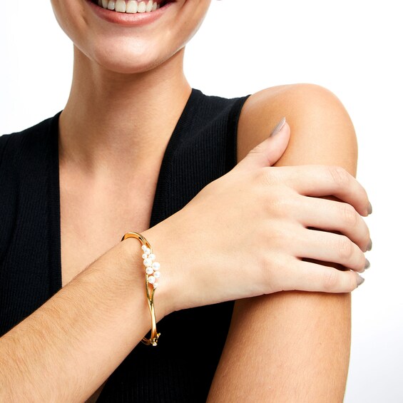 Freshwater Cultured Pearl Cluster Bypass Bangle in Sterling Silver with 18K Gold Plate-7.25"