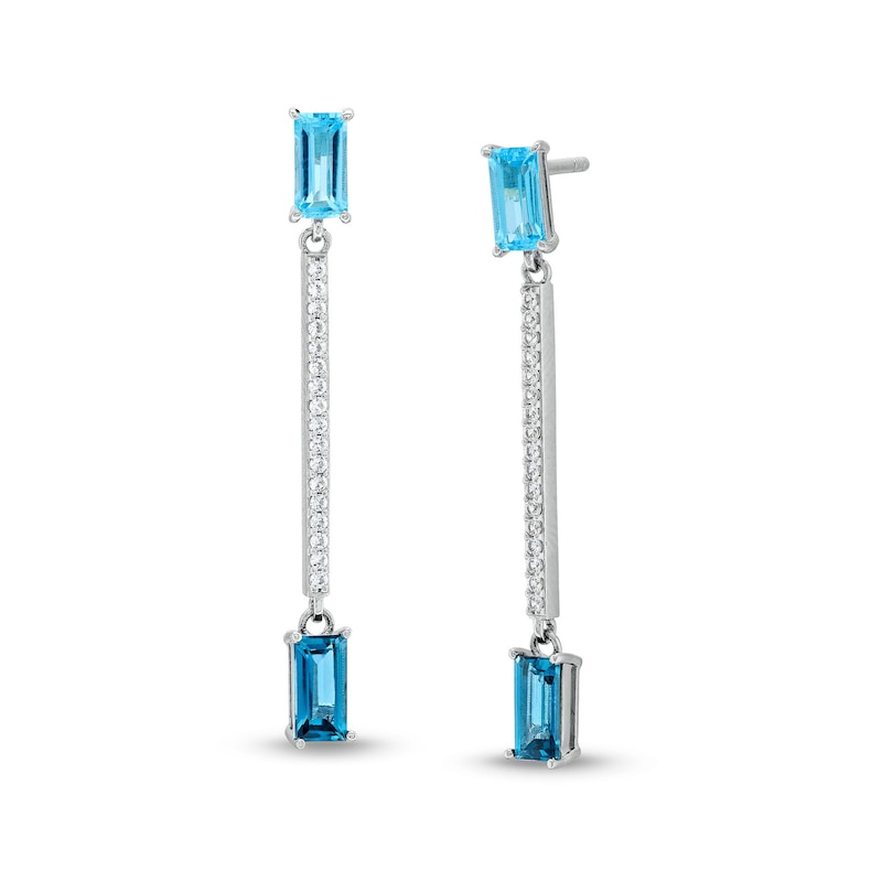 Main Image 1 of Baguette-Cut Swiss Blue Topaz, London Blue Topaz and White Lab-Created Sapphire Stick Drop Earrings in Sterling Silver