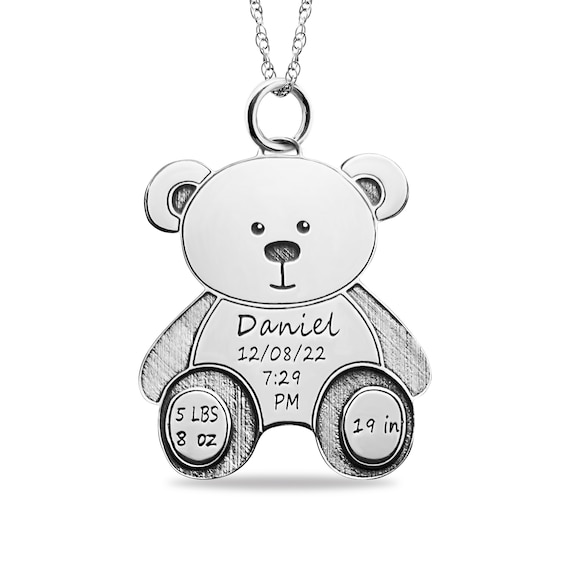 Engravable Birth Stats Teddy Bear Pendant in Sterling Silver (5 Lines)