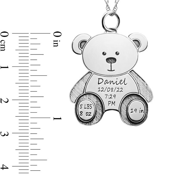 Engravable Birth Stats Teddy Bear Pendant in Sterling Silver (5 Lines)