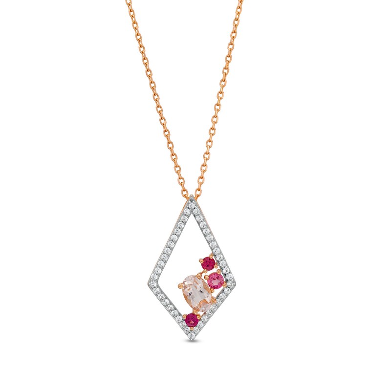 Main Image 1 of Oval Morganite, Rhodolite Garnet, Tourmaline and White Lab-Created Sapphire Cluster Kite Pendant in 10K Rose Gold