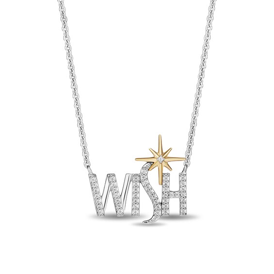 Enchanted Disney Wish 1/8 CT. T.w. Diamond "Wish" Logo Necklace in Sterling Silver and 10K Gold