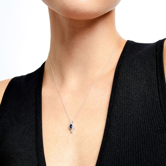 Pear-Shaped Blue Sapphire and 1/10 CT. T.w. Diamond Flame Pendant in 10K White Gold