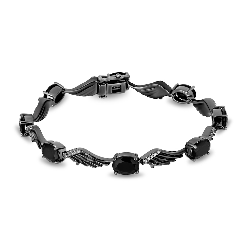 Main Image 1 of Enchanted Disney Villains Maleficent Faceted Oval Onyx and 1/5 CT. T.W. Diamond Wings Bracelet in Black Sterling Silver