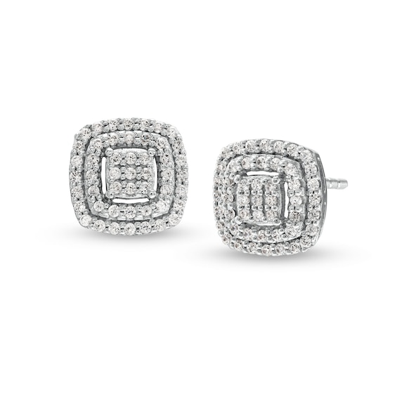 1/4 CT. T.w. Cushion Multi-Diamond Double Frame Stud Earrings in 10K White Gold