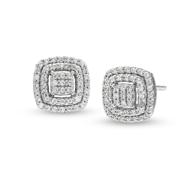 Main Image 1 of 1/4 CT. T.W. Cushion Multi-Diamond Double Frame Stud Earrings in 10K White Gold