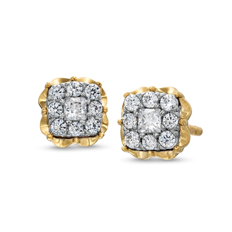 Main Image 1 of 1/4 CT. T.W. Cushion Multi-Diamond Scallop Frame Stud Earrings in 10K Gold