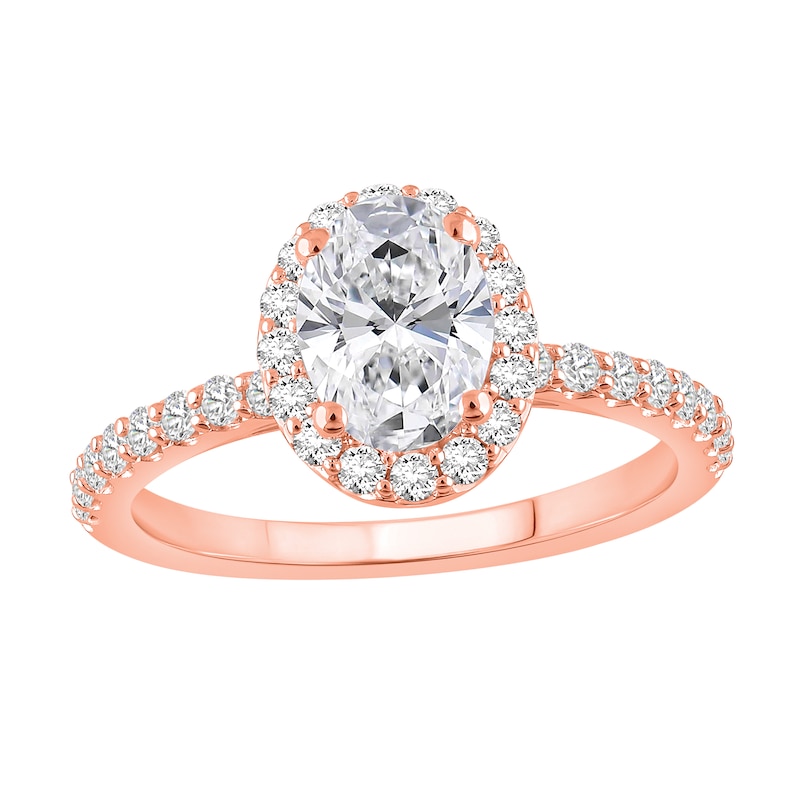 Main Image 1 of 1-1/2 CT. T.W. Oval Certified Lab-Grown Diamond Frame Engagement Ring in 14K Rose Gold (F/VS2)