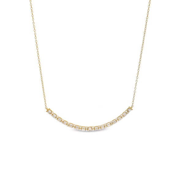 3/4 CT. T.w. Baguette and Round Diamond Duo Alternating Curved Bar Necklace in 10K Gold