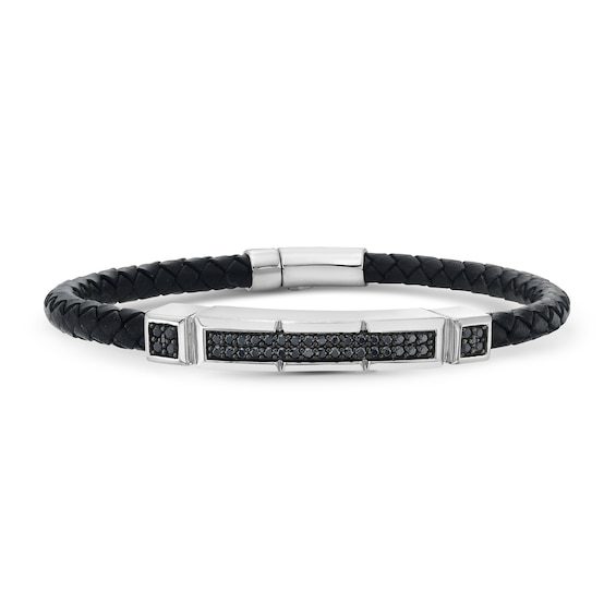 3/4 CT. T.w. Black Diamond Double Row Bar Leather Cord Bracelet in Sterling Silver - 8.5"