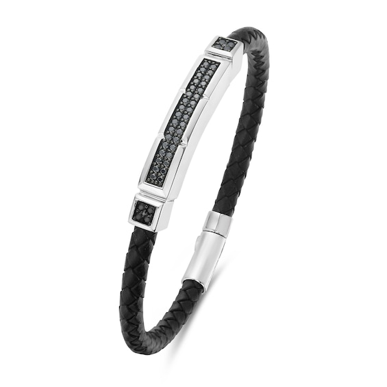 3/4 CT. T.w. Black Diamond Double Row Bar Leather Cord Bracelet in Sterling Silver - 8.5"