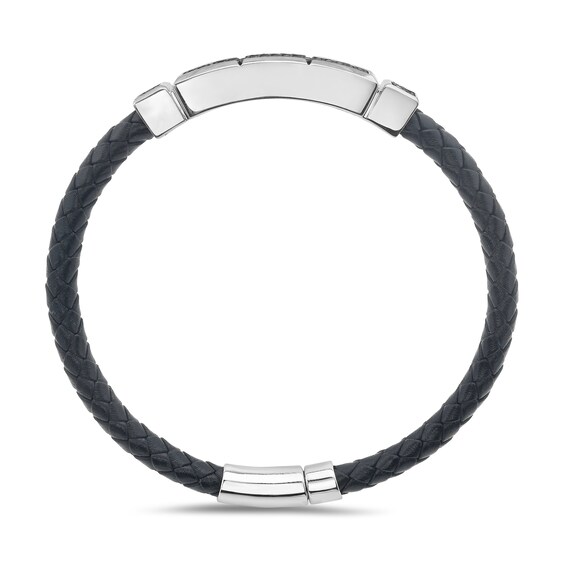 3/4 CT. T.w. Black Diamond Double Row Bar Leather Cord Bracelet in Sterling Silver - 8.5"