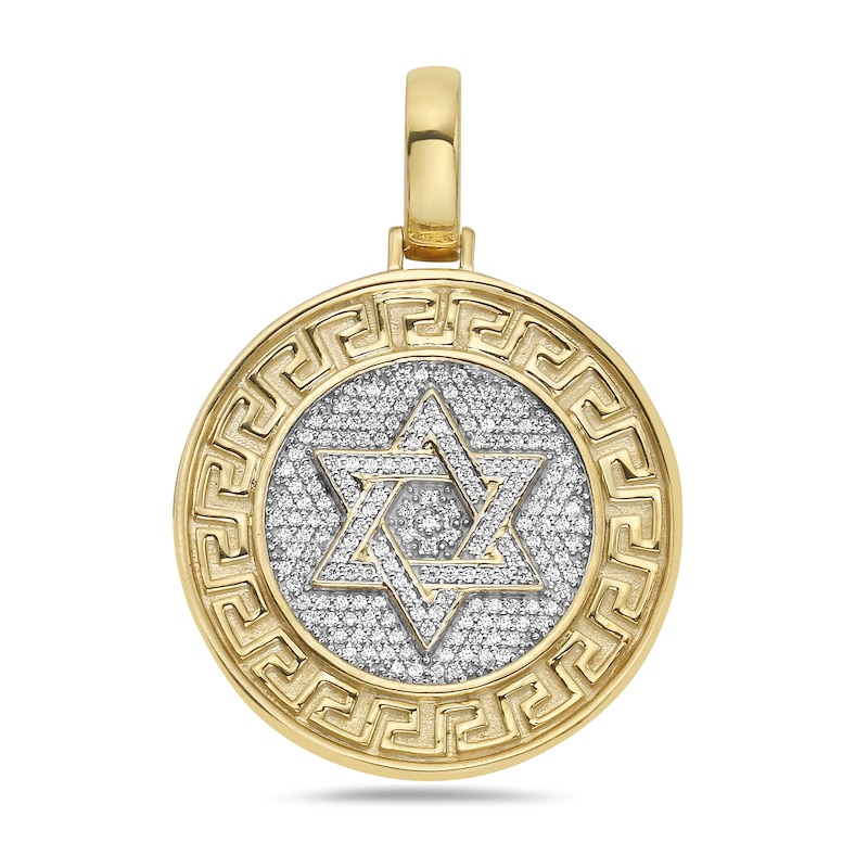 Main Image 1 of 1/2 CT. T.W. Diamond Greek Key Frame Star of David Medallion Necklace Charm in 10K Gold