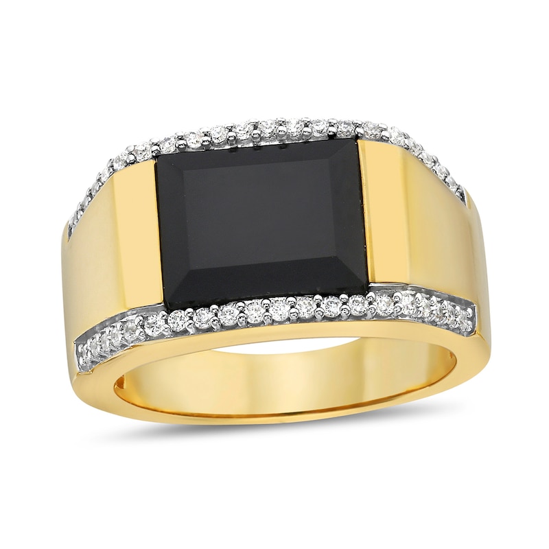 Main Image 1 of Cushion-Shaped Onyx and 1/3 CT. T.W. Diamond Edge Signet Ring in 10K Gold