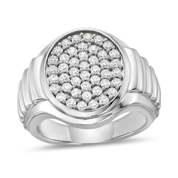 1 CT. T.W. Oval Frame Multi-Diamond Ribbed Shank Ring in 10K White Gold