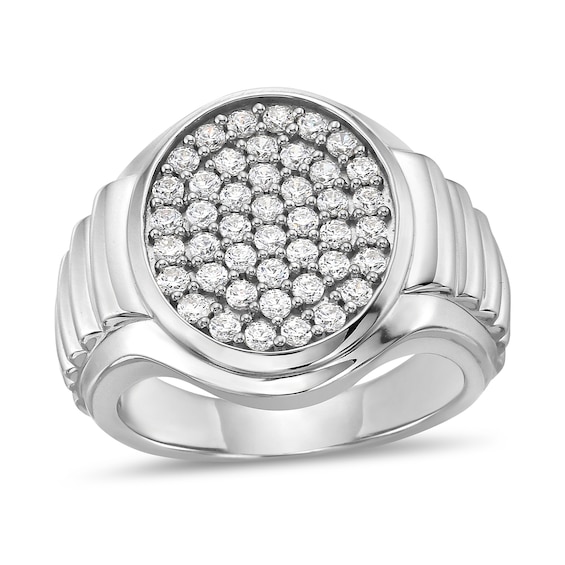 Men's 1 CT. T.w. Oval Frame Multi-Diamond Ribbed Shank Ring in 10K White Gold