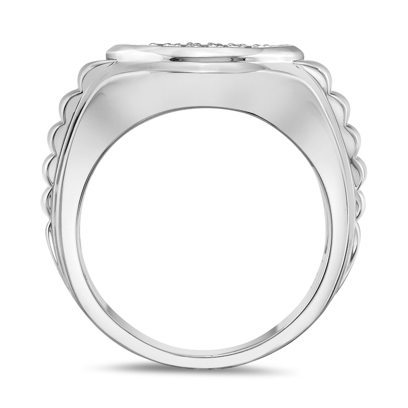 Main Image 3 of 1 CT. T.W. Oval Frame Multi-Diamond Ribbed Shank Ring in 10K White Gold