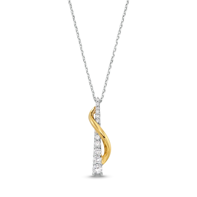 Main Image 1 of 1/3 CT. T.W. Journey Diamond Ribbon Overlay Stick Pendant in Sterling Silver and 10K Gold