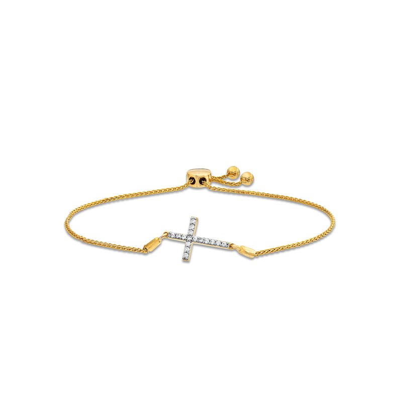 Main Image 1 of 1/6 CT. T.W. Diamond Sideways Cross Bolo Bracelet in 10K Gold - 9.5"